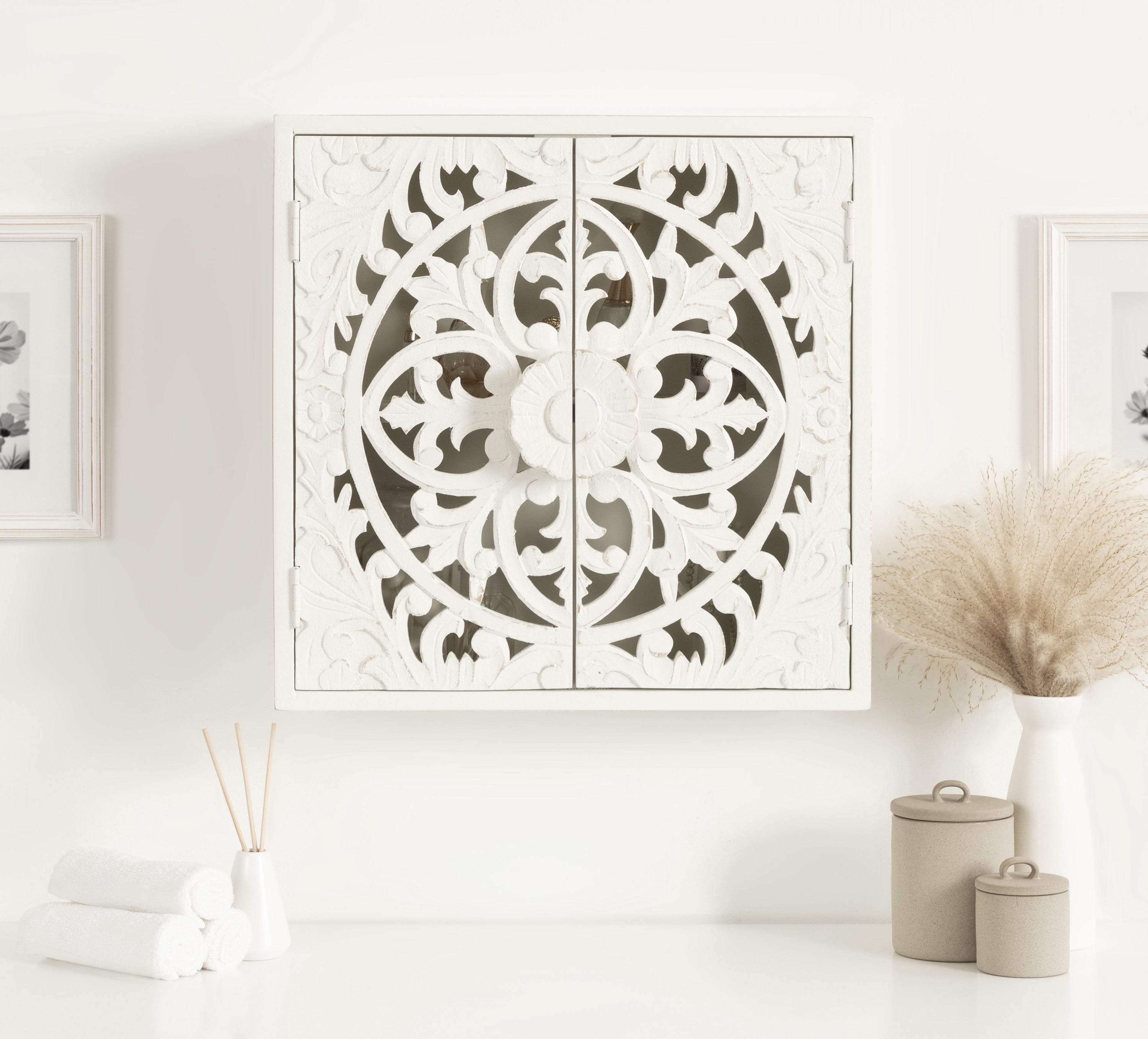 Kate and Laurel Saanvi Traditional Carved Wood Wall Cabinet, 20 x 6 x 20, White, Dimensional Over the Toilet Storage Cabinet for Bathroom Storage and Display