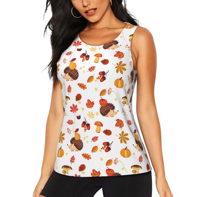 Fotbe Autumn Maple Leaf with Hedgehog Blusas Sin Mangas para Mujer – Estilo Casual, Corte Suelto, Slim-Fit, Cuello Redondo Deportivo, Tops de Verano para Gimnasio y Yoga-Large