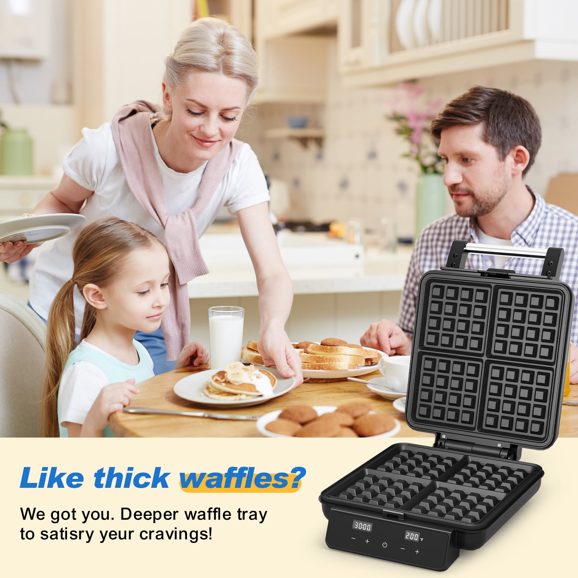 Sunvivi 4-Slice Belgian Waffle Maker, 1200W Waffle Iron with LCD Timer, Temp Control & Nonstick Plates, Stainless Steel, Black