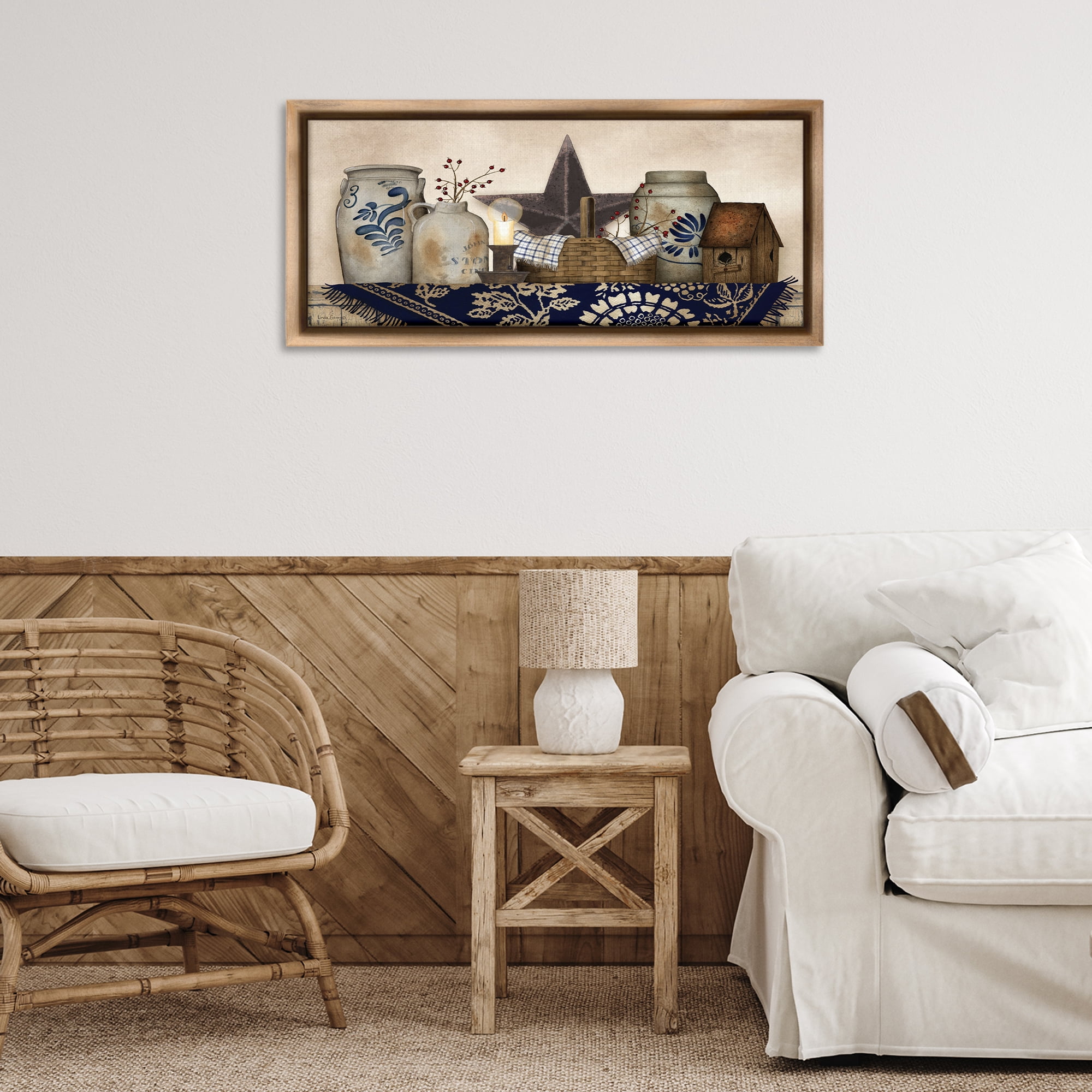 Stupell Industries Rustic Pottery Jars Botanical & Floral Painting Brown Floater Framed Canvas Art Print Wall Art, 31 x 14