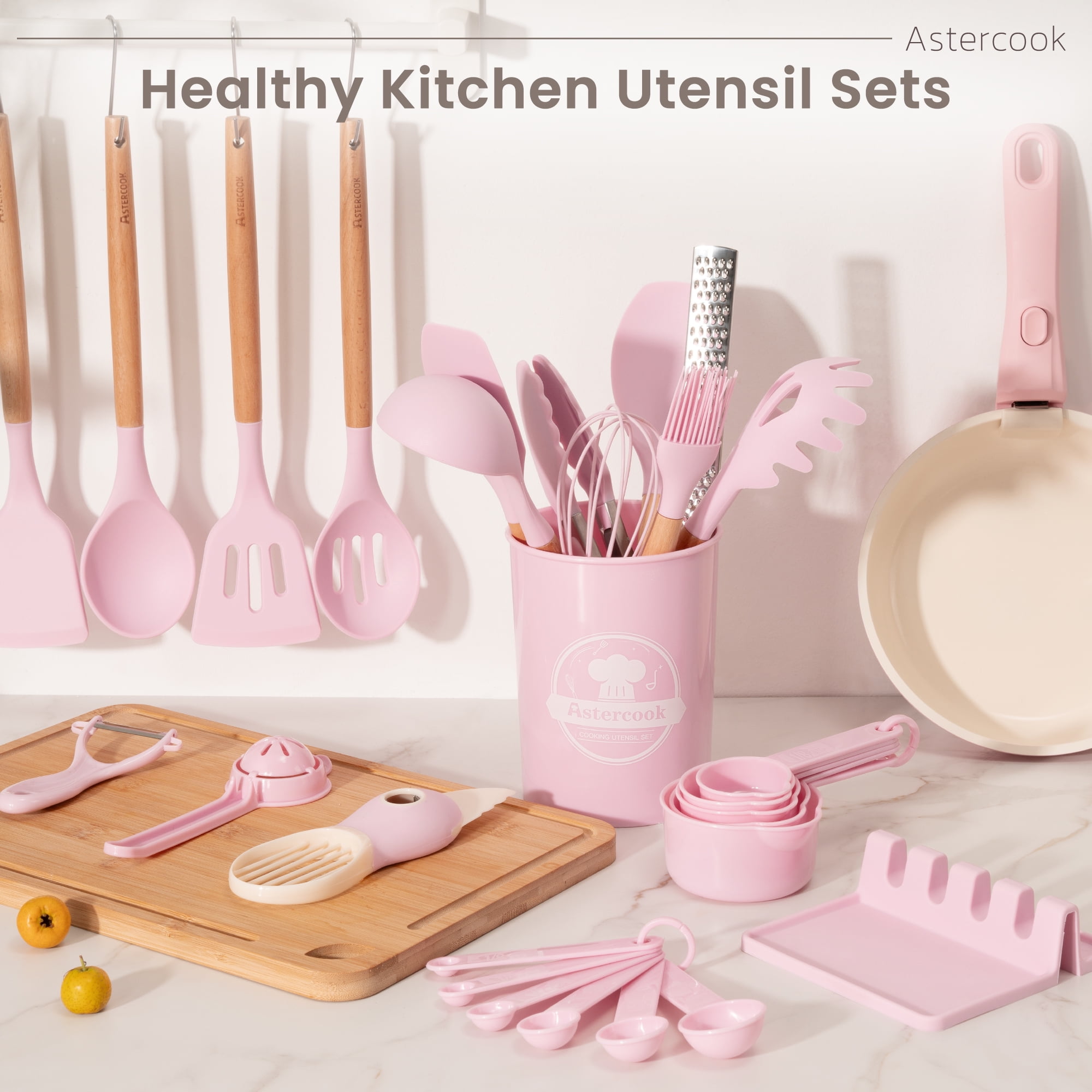 Astercook Silicone Cooking Utensils Set, 38 PCS Kitchen Utensils Set for 446°F Heat Resistant, Food Grade Utensil Sets with Wooden Handle, Kitchen Gadgets for Nonstick Cookware BPA Free (Pink)