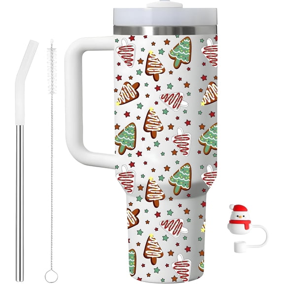 Christmas Tree 40oz Tumbler With Handle and Straw, Santa Stainless Steel Tumbler, Double Walled Noel Cup Gifts For Women Men