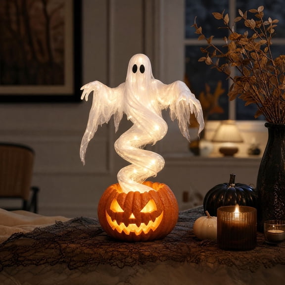Halloween Ghost Pumpkin Tabletop Light, Compact Seasonal Light for Creating a Spooky Focal, Halloween Mood Light for Evening, for Tabletop, Window, Fireplace, Party, 8.07 x 5.12 x 3.15 in, 1 Piece