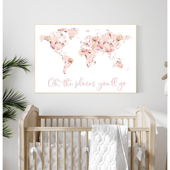 Floral World Map Print, Blush Pink Nursery Decor, Unframed Paper Poster 24x36in