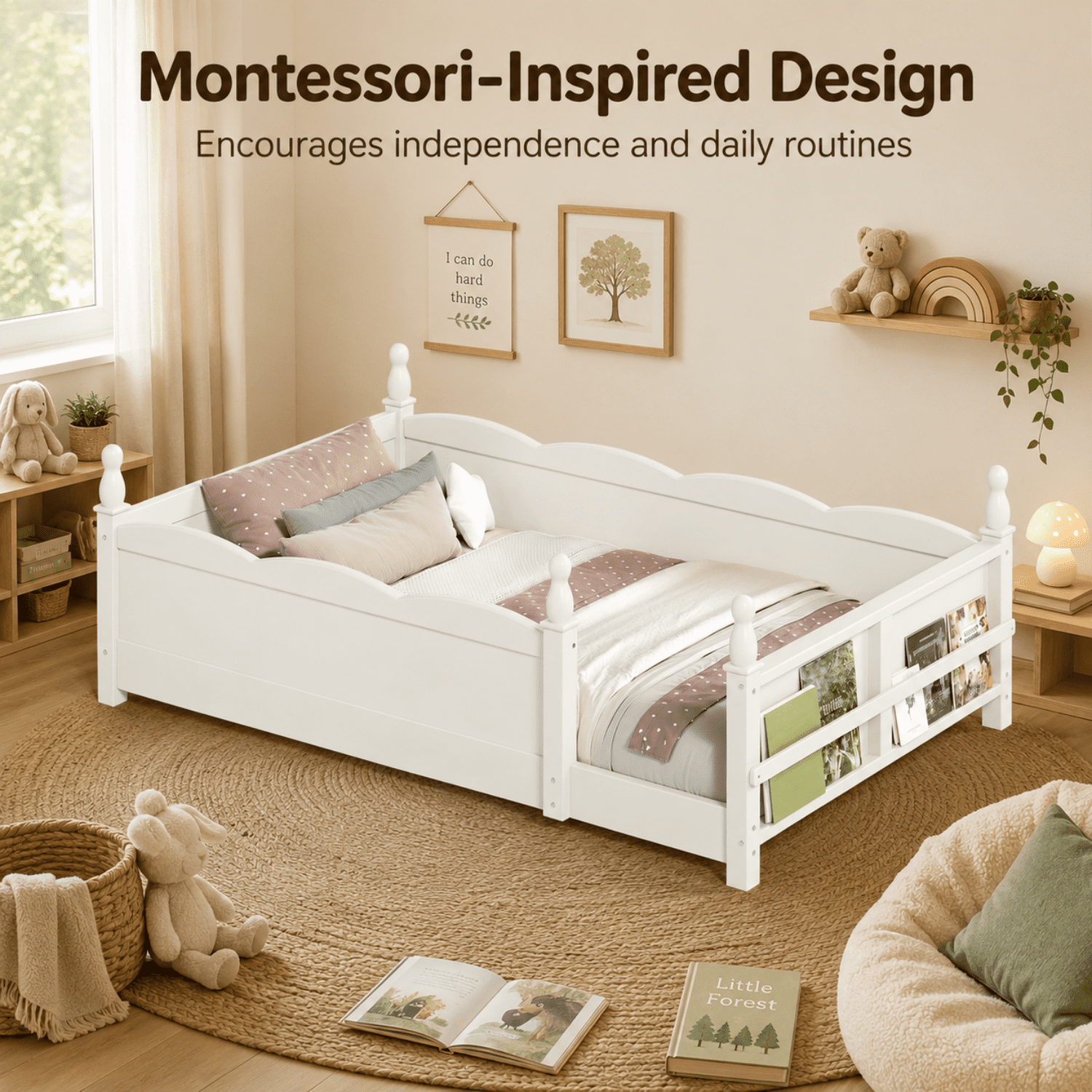 Miniyam Twin Floor Bed with Guardrails and Bookshelf, Kids Low Bed Frame for Bedroom, White