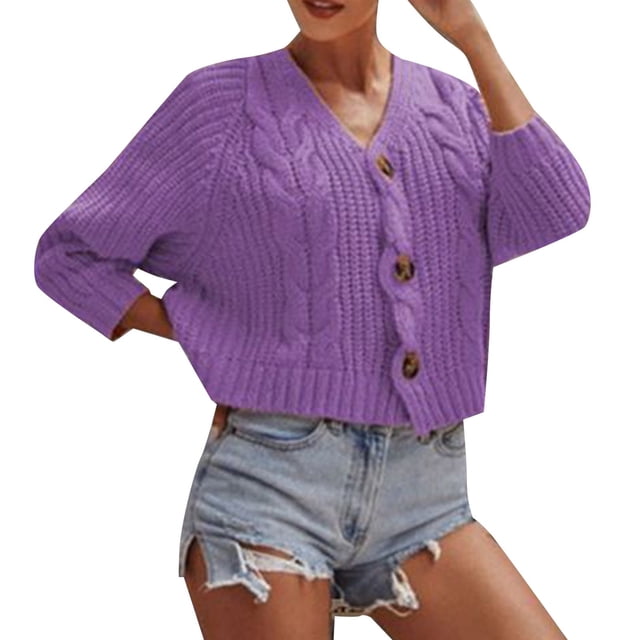 Baberdicy Cardigan Sweater Ladies Solid Color Button Sweater Knit Cropped Loose Cardigan Women's Cardigans Purple