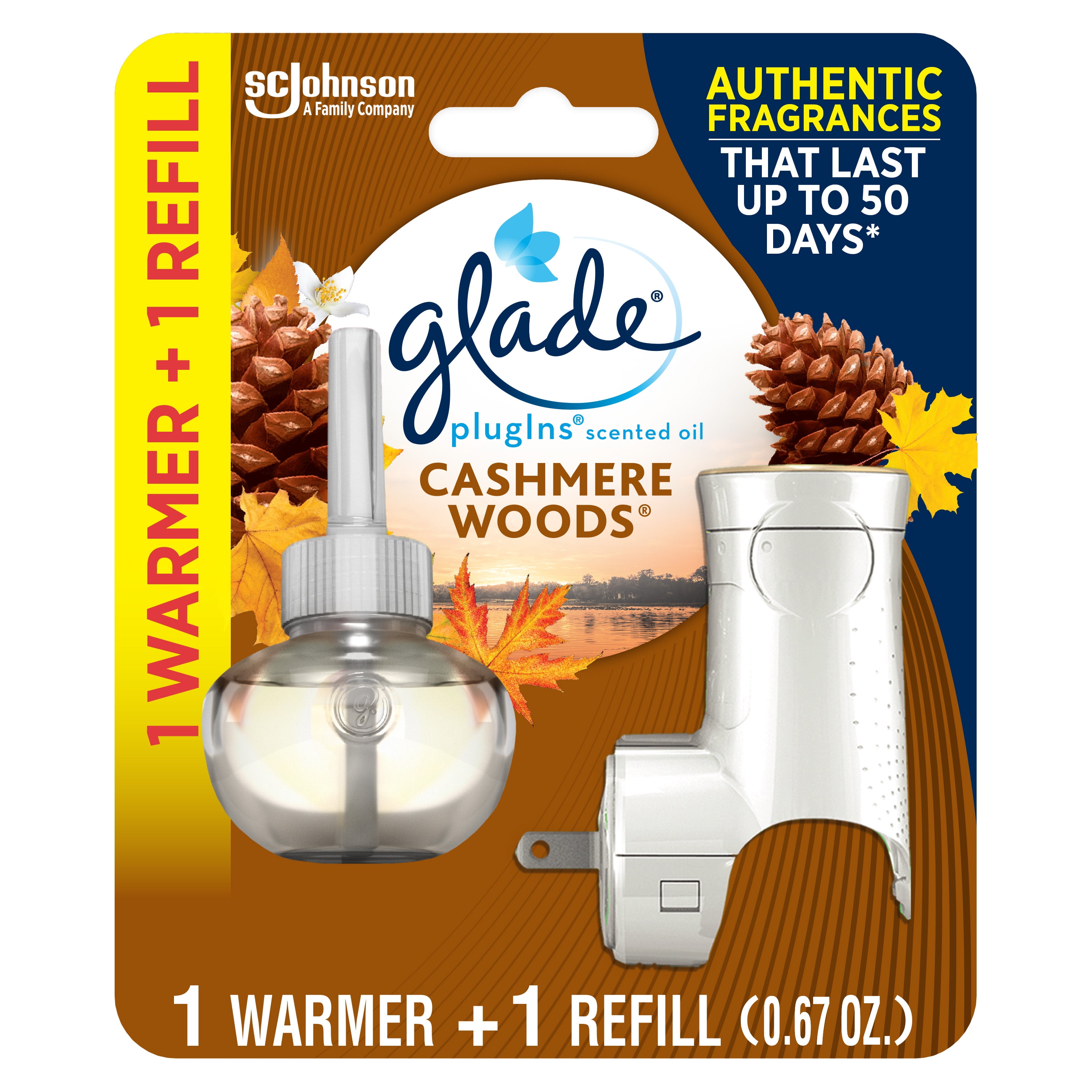 Glade PlugIns 1 Warmer + 1 CT Refill Starter Kit, Cashmere Woods, 0.67 FL. OZ. Total, Scented Oil Air Freshener Infused with Essential Oils