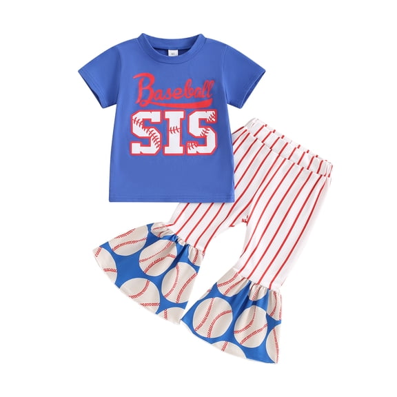 Suealasg Toddler Girls Summer Outfits 1T 2T 3T 4T 5T Short Sleeve Baseball Letter Print T-Shirt  Elastic Striped Flare Pants Little Girls 2Pcs Sport Style Clothes