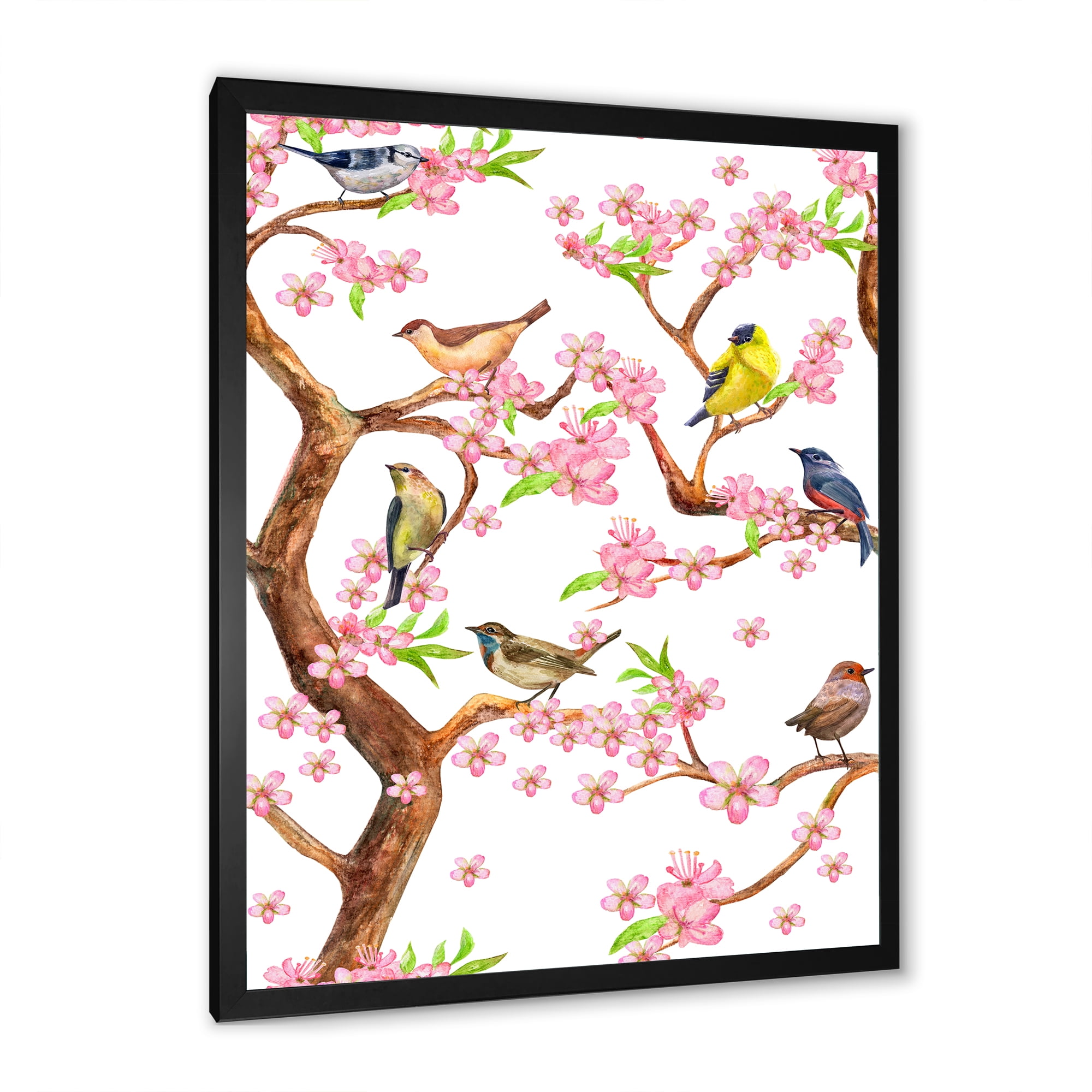 Colorful Little Birds On Spring Flowers Tree 30 in x 40 in Framed Painting Canvas Art Print, by Designart