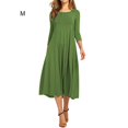 thumbnail image 3 of Round Neck Mid-sleeve Solid Color Big Swing Dress Patchwork Stitching 3/4 Sleeve Round Neck Swing Mid-length Dress, 3 of 4