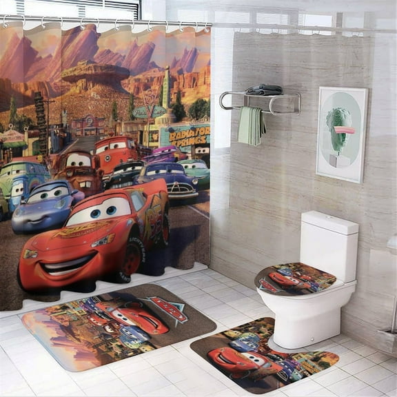 4 Piece Shower Curtain Set with Rugs Lightning McQueen Shower Curtain Bathroom Sets Decor Waterproof