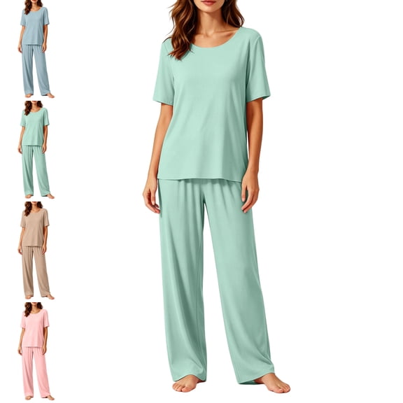 AHTJRT Pajamas for Women Set 2 Piece Comfy Loungewear Lightweight Pjs Sleepwear Short Sleeve Crew Neck Top and Loose Fit Long Pants Lounge Set