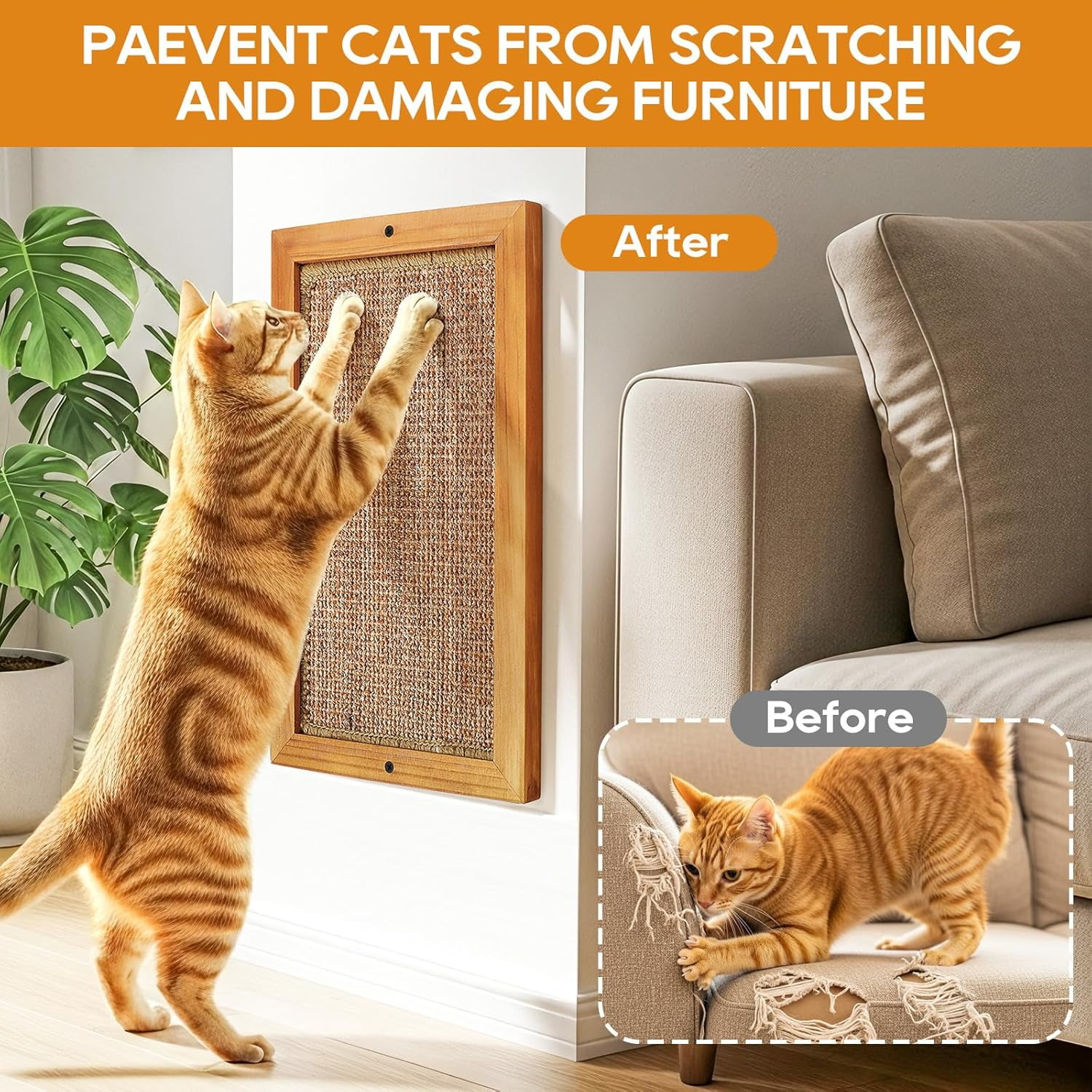 Scratching Post - 2PCS Large Wooden Sisal Wall Floor Mounted Vertical Scratch Pad for Indoor Cats Kittens Furniture Protector
