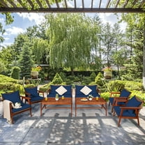 Costway 8 Piece Acacia Wood Outdoor Patio Dining Set, Natural/Navy Blue