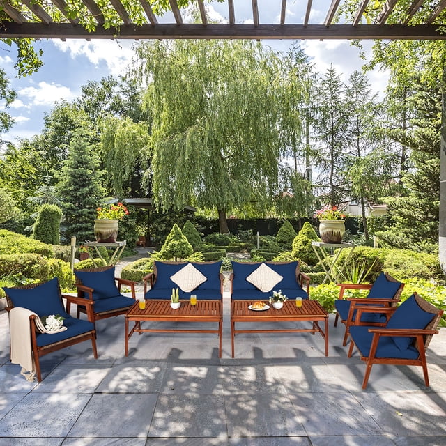 Costway 8PCS Patio Rattan Furniture Set Acacia Wood Frame Cushioned Sofa Chair Navy