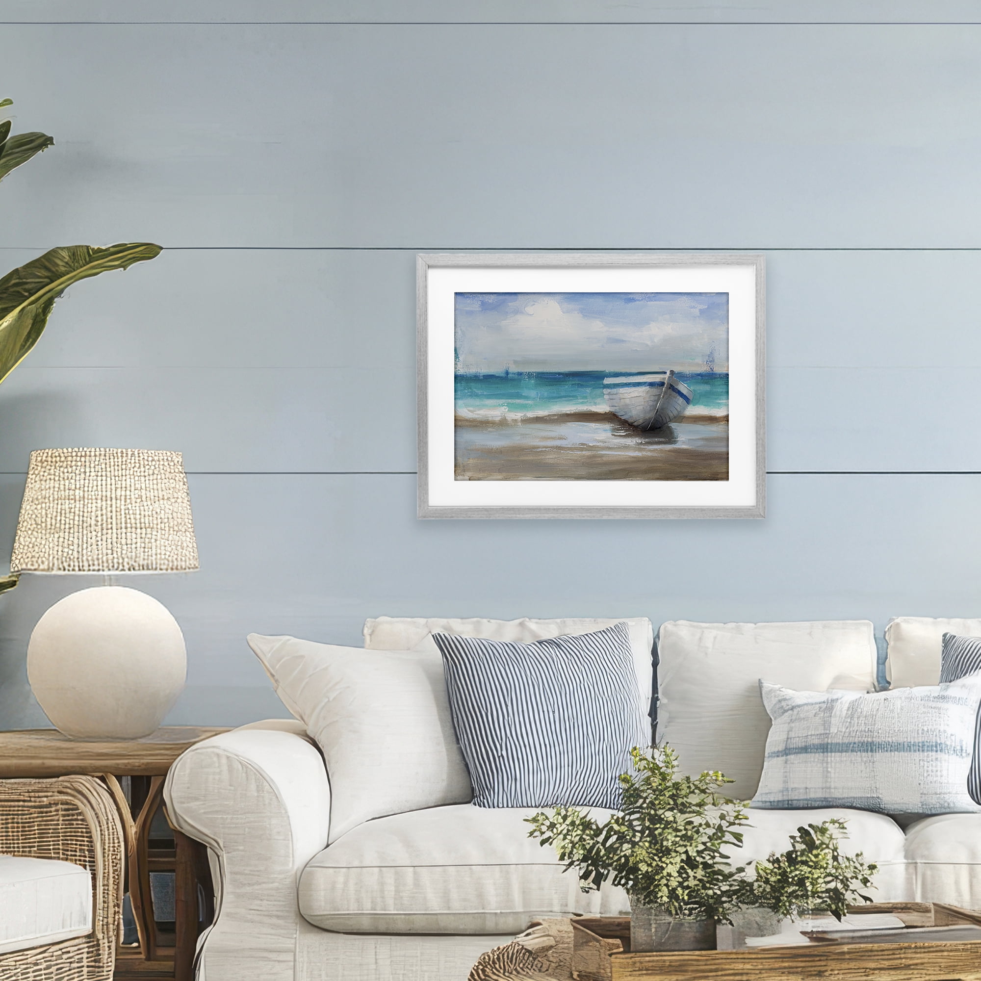 Stupell Industries Painterly Boat On The Shore Gray Framed Print Under Glass, design by Cloverfield & Co.