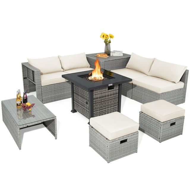 Patiojoy 9 Pieces Outdoor Patio Furniture Set with 32-Inch Propane Fire Pit Table Outdoor PE Wicker Space-Saving Sectional Sofa Set with Storage Box and Cushions Off White