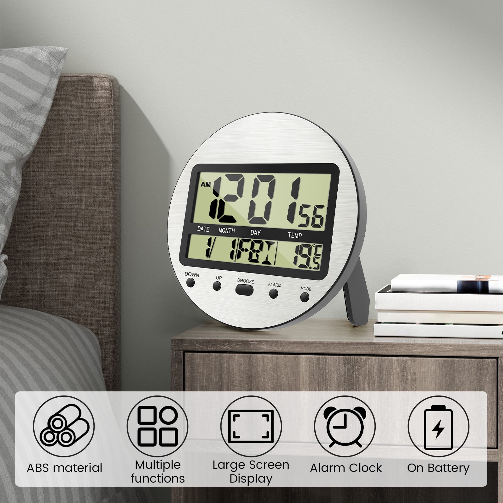 Atomic Digital Wall Clock with Temperature,Seconds,Date and Day of Week - Easy to Read/Set,Auto DST,Aluminum Silver,Round,Wall Mount/Desk Battery Operated