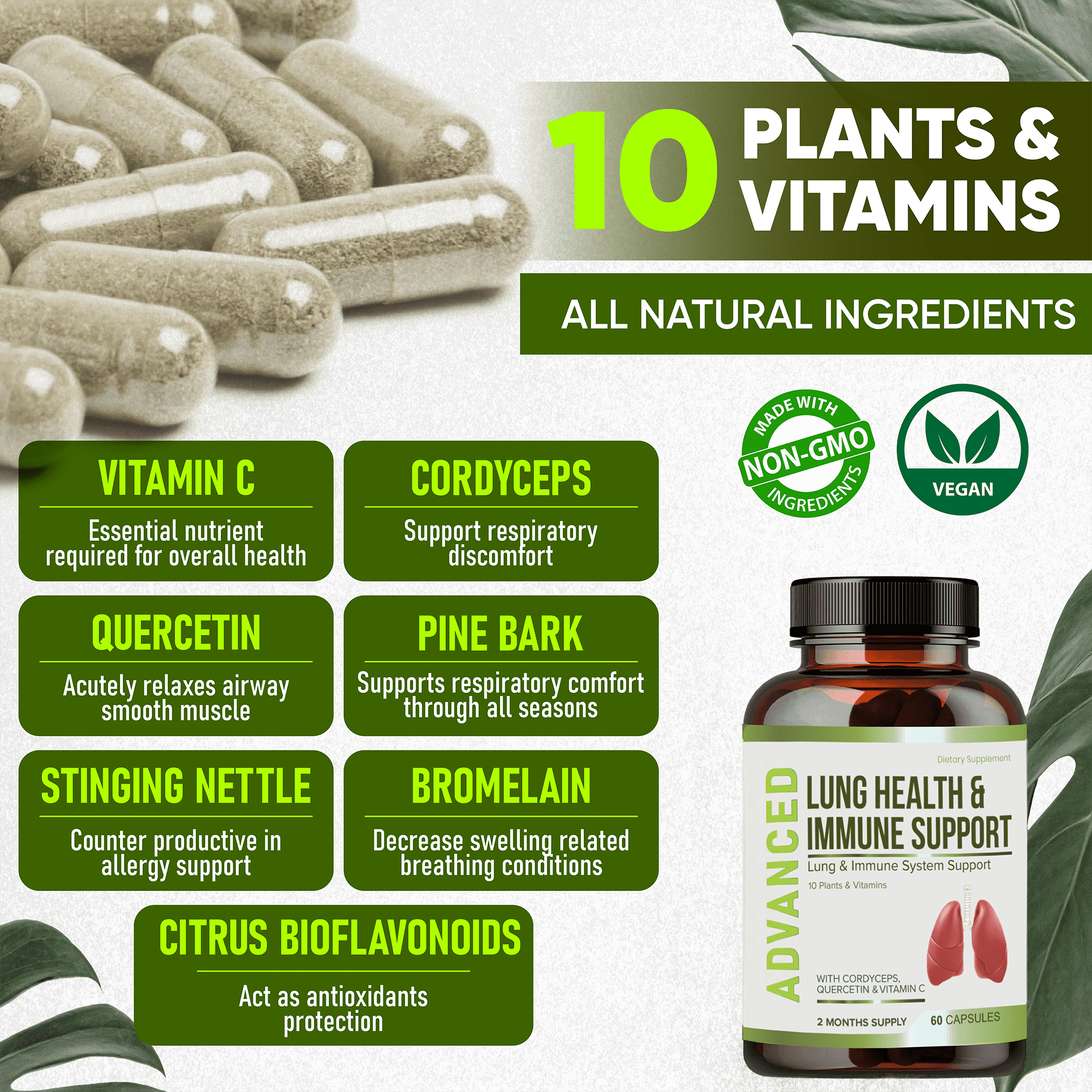 Lung Health & Immune Support Supplement - Lung Cleanse and Detox With Immunity Vitamins Include Quercetin & Cordyceps.Two Months Supply by NutraPro