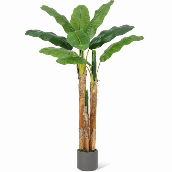 ChaoLink 7ft Artificial Banana Tree with Grey Planter, UV Resistant Fake Tropical Banana Leaf Plant for Indoor Outdoor Decor