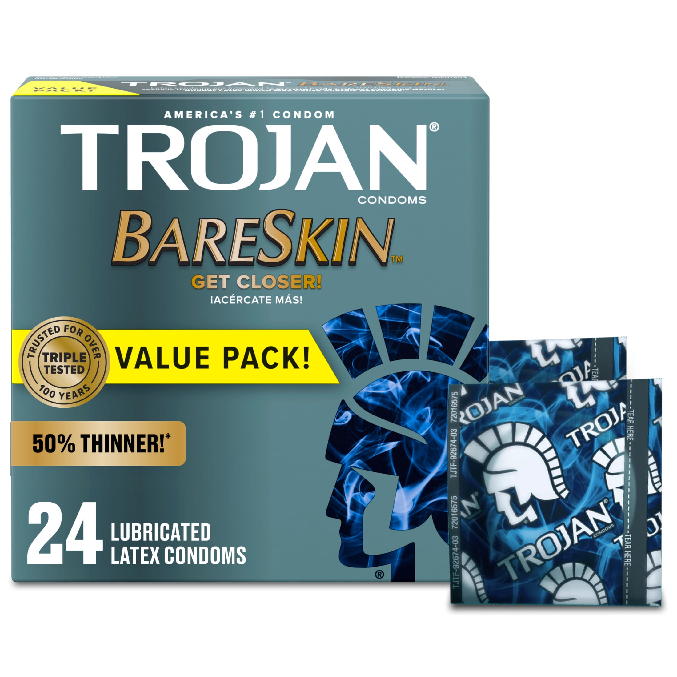 Trojan Bareskin Designed for a Closer Feel Thin Latex Lubricated Condoms, 24 Count