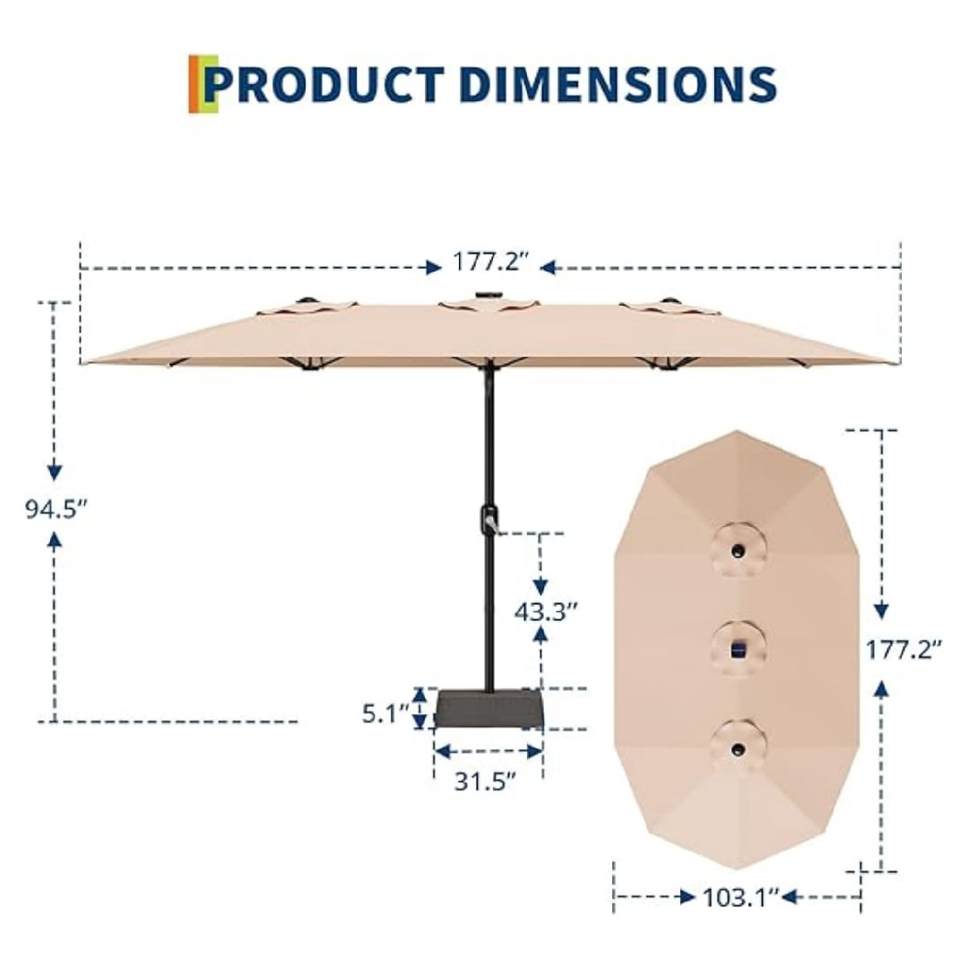 Heavy Duty 15FT Patio Umbrella with Weighted Base - Double-Sided Sun Shade for Outdoor Dining, Poolside, Backyard (Crank Handle, UV Blocking Fits 2-8 People)