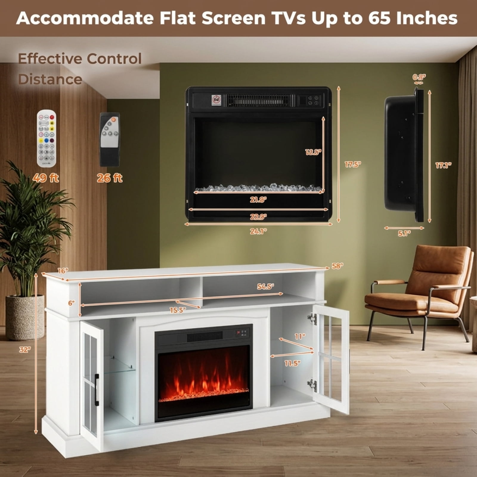 Furnibear 58 Inch Fireplace TV Stand Entertainment Center with LED Lights Storage Cabinets and Tempered Glass Doors for Living Room, White