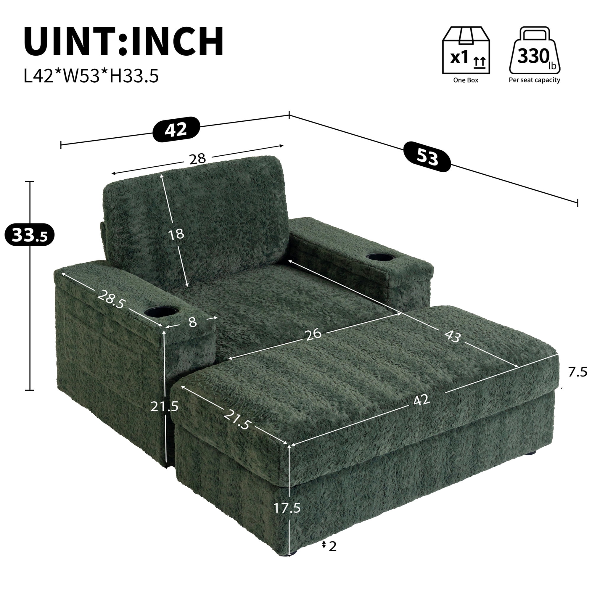 Aukfa 43 inch Chaise Lounge w/ 2 Cupholders, Storage Ottoman, Plush Chair Bed for Living Room, Green