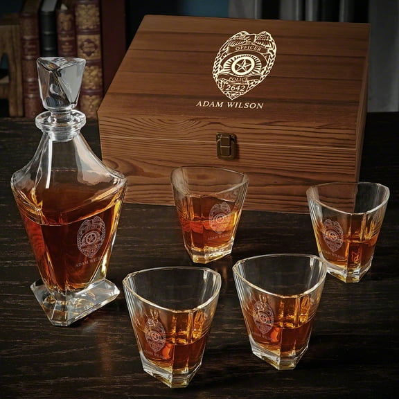 Police Badge Custom Whiskey Decanter and Rocks Glasses Gift Set