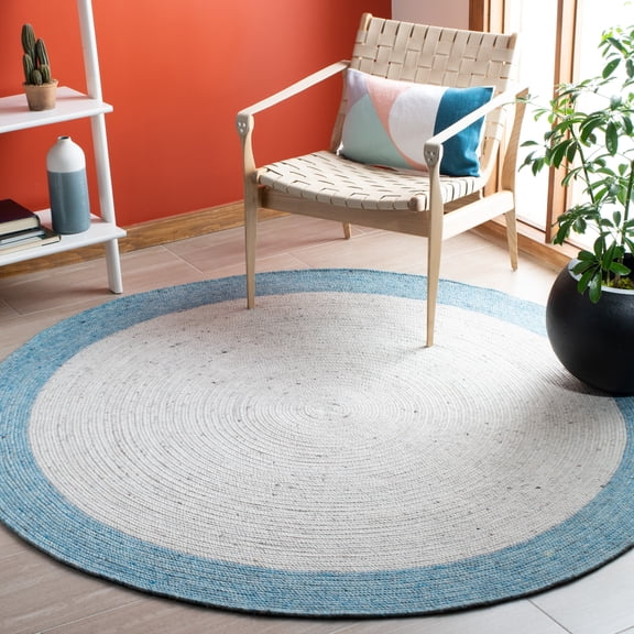 SAFAVIEH Braided Stephen Bordered Reversible Area Rug, Ivory/Blue, 5' x 5' Round