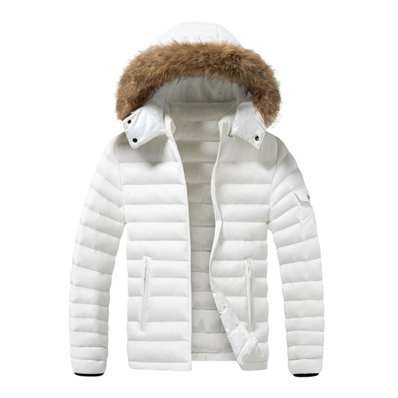Ceisia Men Thick Fleece Lined Warm Winter Puffer Coat With Hood Casual Outerwear White XL Gift