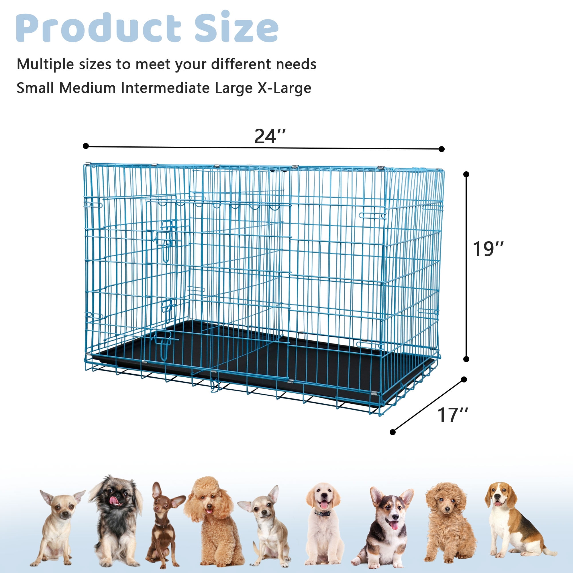 YRLLENSDAN Puppy Crate, 24in Dog Cage for Small Dogs Dog Kennel Indoor Metal Dog Crate Foldable Dog Crate with Divider & Double-Door Wire Dog Crate, Blue