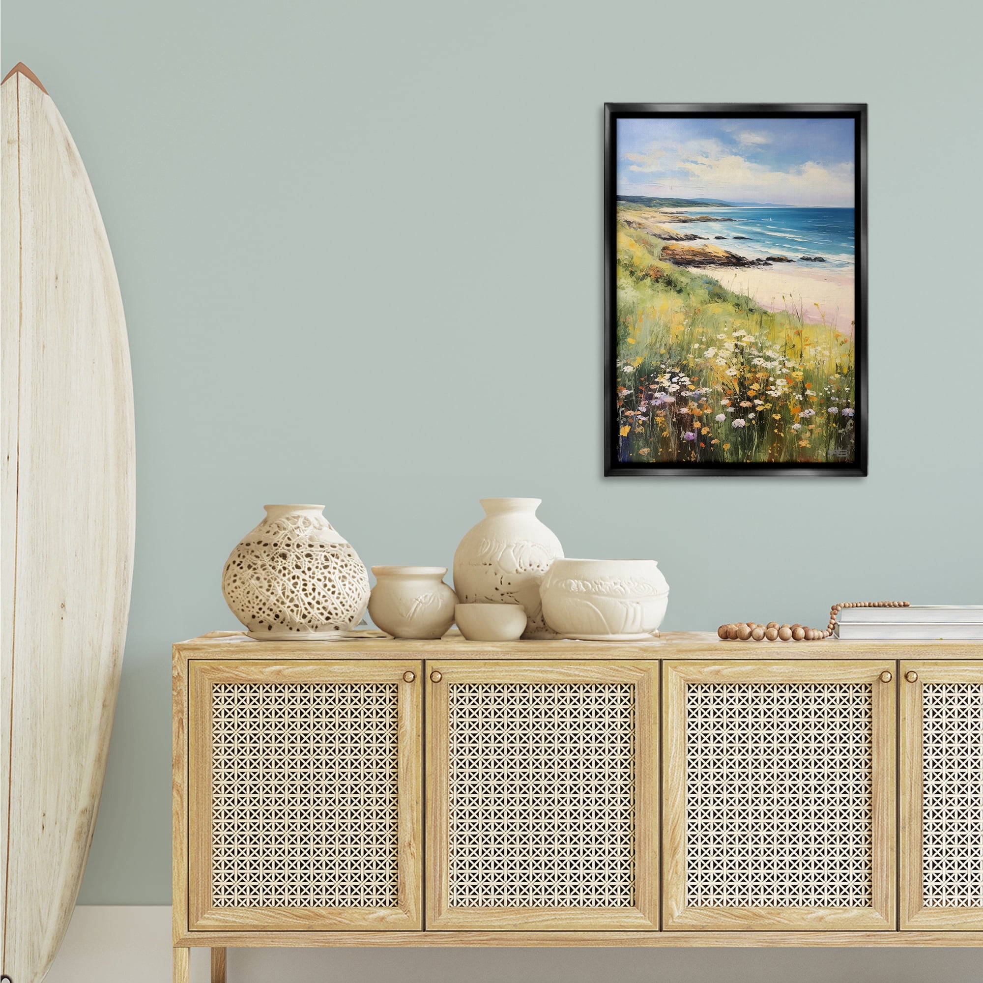 Stupell Industries Meadow Beside Beach Landscape Painting Black Floater Framed Canvas Art Print Wall Art, 21 x 31