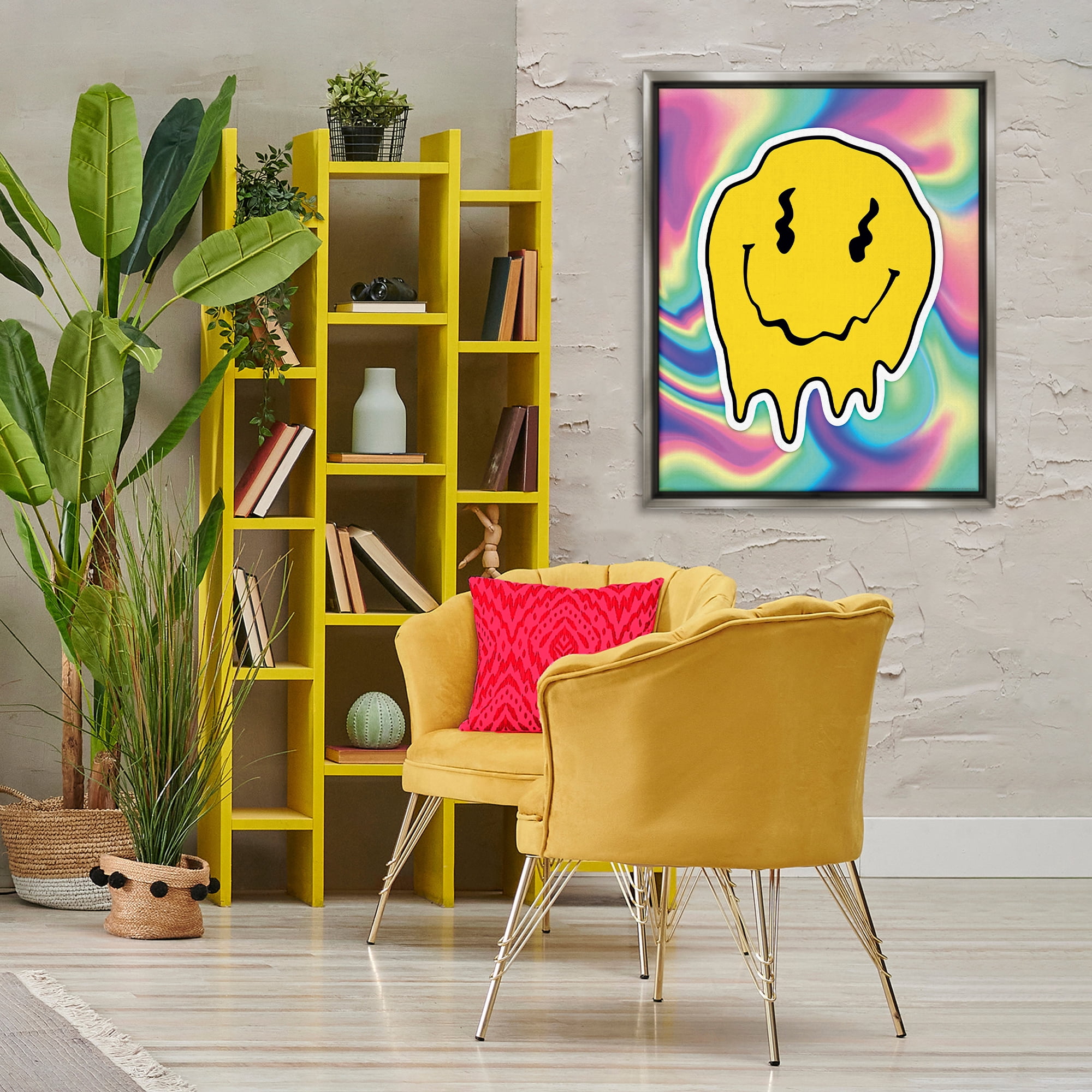 Stupell Industries Abstract Melting Smiley Abstract Painting Gray Floater Framed Canvas Art Print Wall Art, 25 x 31
