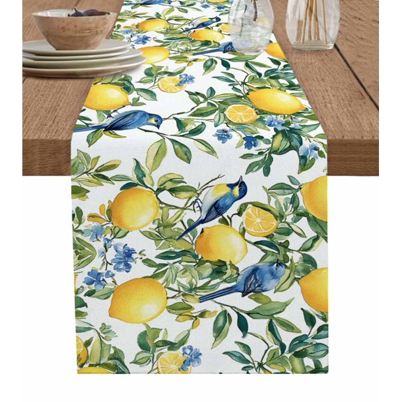 ERUNPONLY Botanical Lemon Table Runner - 108 Inch Long Watercolor Blue Birds Green Leaves Cotton and Linen Blended Dress Scarves Farmhouse Table Runner for Kitchen Dining, Coffee Table, 13" x 108"