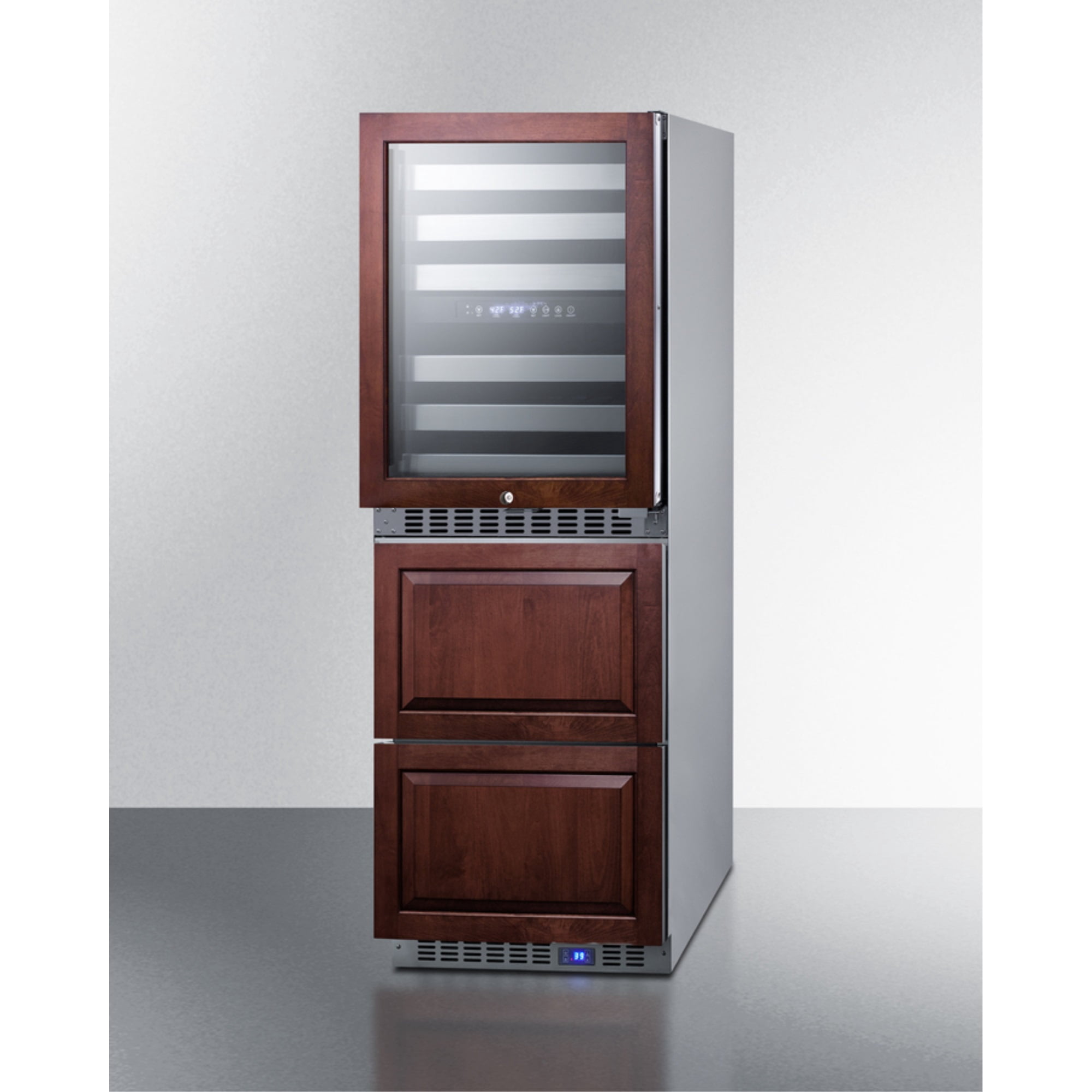 24 Inches wide combination built-in/freestanding upright dual zone wine cellar and 2-drawer refrigerator, panel-ready front