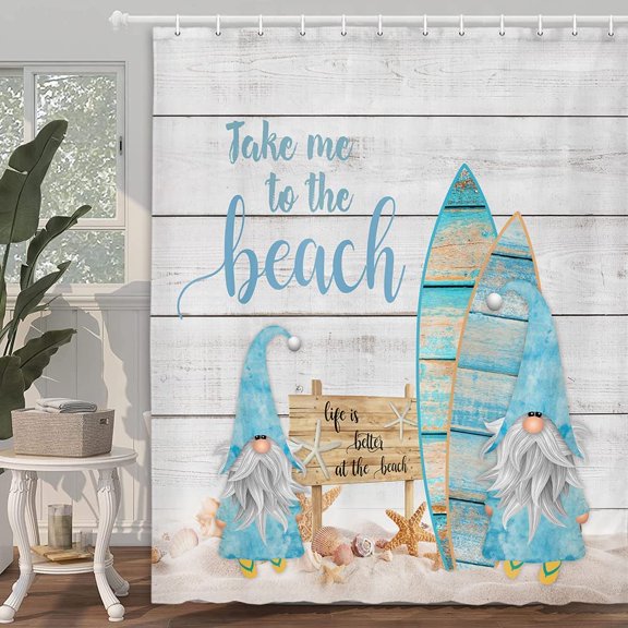 Beach Shower Curtain, Funny Gnomes Take Surfboard on Beach Shower Curtain Set, Ocean Nautical Shower Curtain for Bathroom, Life is Batter at The Beach Shower Curtain for Kids with Hooks (69X70)