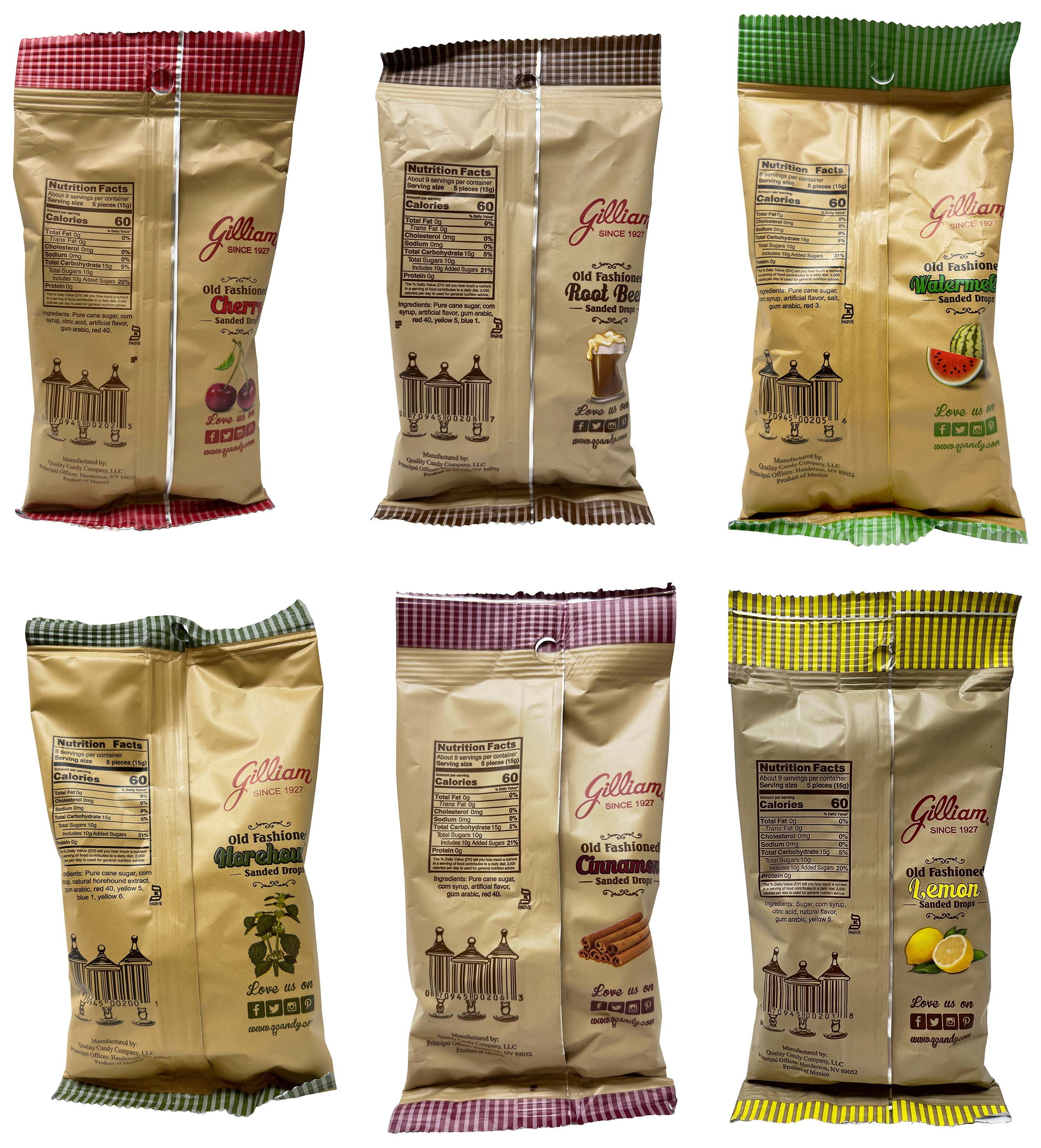 Gilliam Old Fashioned Sanded Drops Hard Candies - 6 flavors - 1 each: Watermelon, Lemon, Cinnamon, Cherry, Horehound, Root Beer (4.5 oz) + MerlinsMart Zine