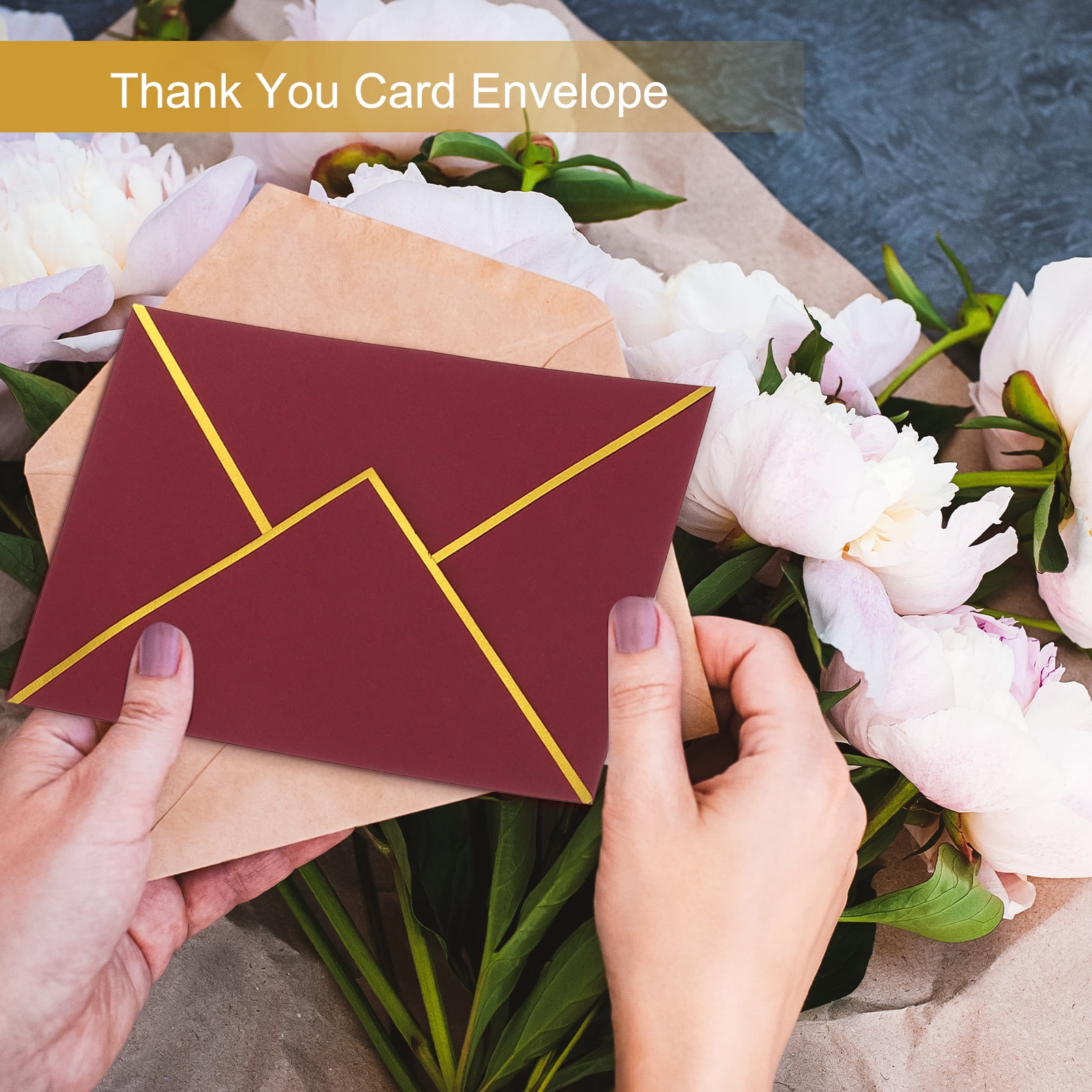 Uxcell 50 Pack A7 Envelopes, 5x7 Card V Flap Envelope Round Edge Valentine Envelopes with Gold Border for Office Wedding Card Invitations Graduation Party Gift, Beige