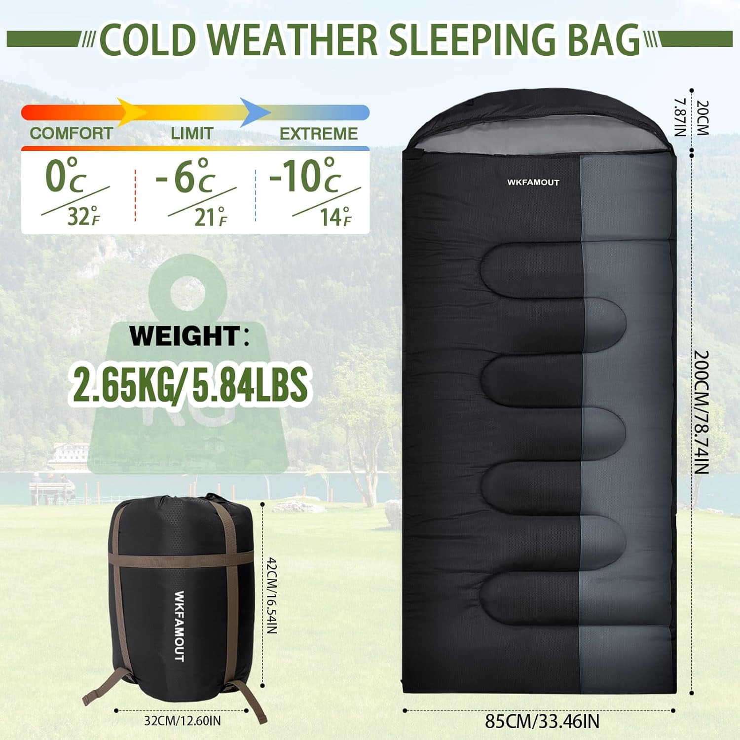 XL 10 Degree Sleeping Bags Waterproof for Adults 350GSM Machine Washable with Compression Sack 3-4 Season Camping Outdoor
