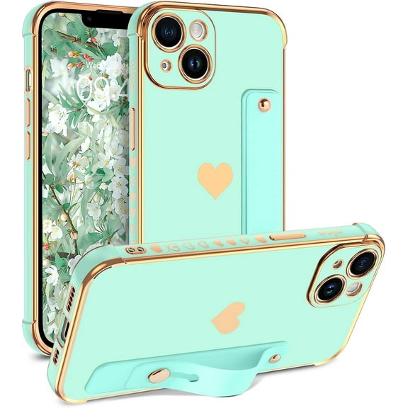 iPhone 14 Case, Slim Luxury Heart Design Plated Soft Bumper Women Men Girl Protective Case Cover with Strap for iPhone 14 6.1 inch,Mint/Gold