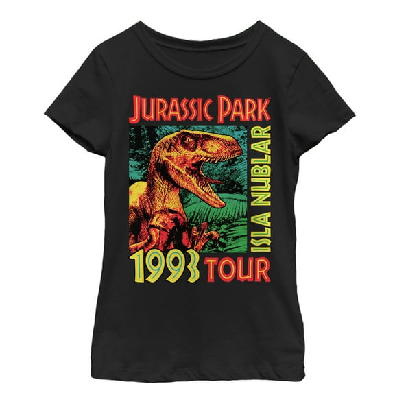 Girl's Jurassic Park Isla Nublar 1993 Tour, Featuring Velociraptor  Graphic Tee Black Large