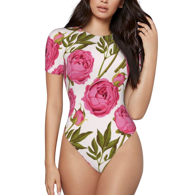 Balery Rose Flowers Body de cuello redondo de manga corta para mujer Tops de manga corta Tops básicos-X-Large