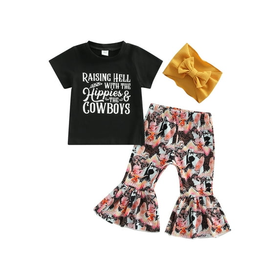 Baby Girls Suit, Short Sleeve Round Neck Print Tops + Summer Casual Bell-Bottoms Long Pants + Headband