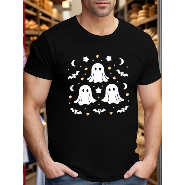 Camiseta de Halloween con estampado de fantasma y murciélago, manga corta, lavable a máquina, cuello redondo, ideal para verano y uso diario.