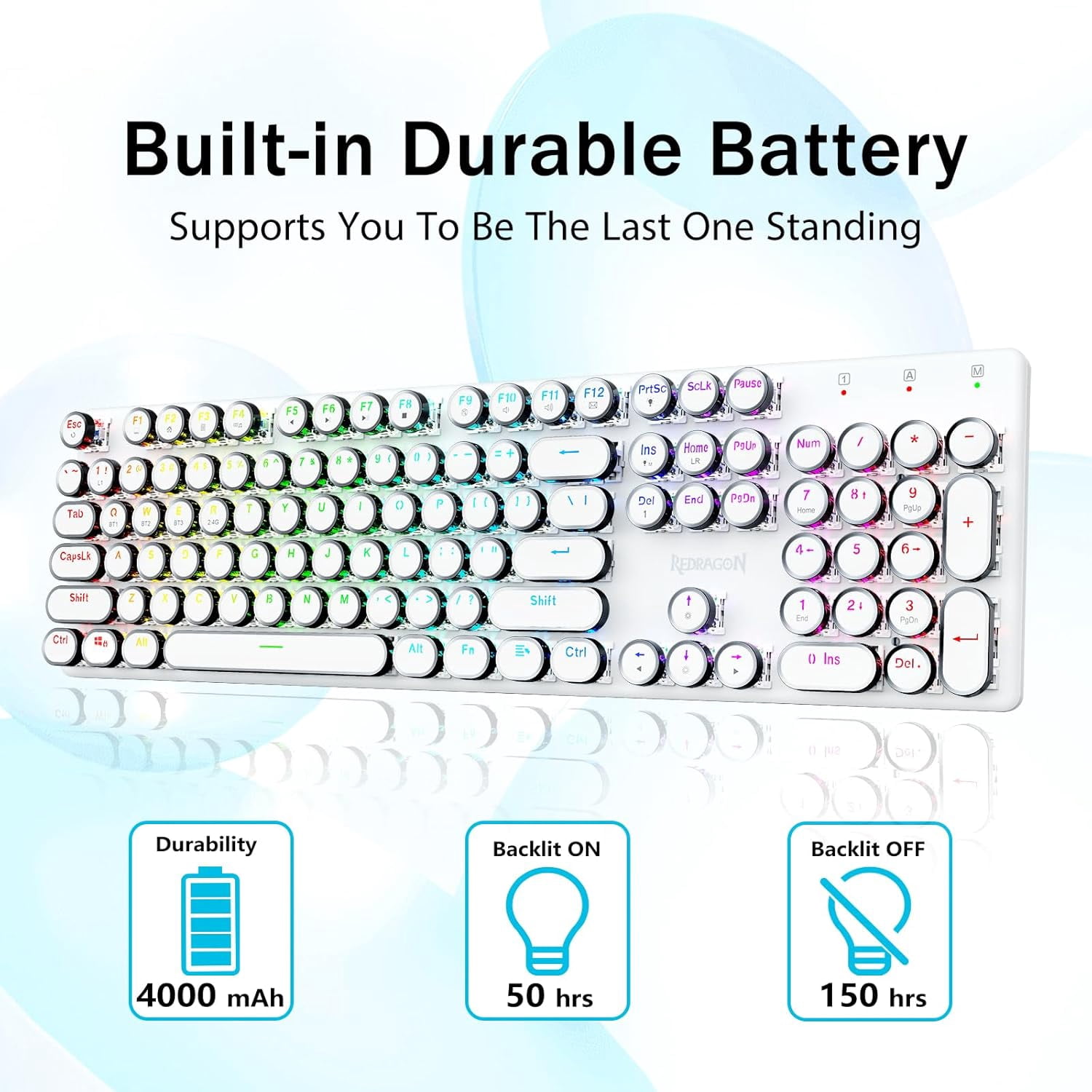 Wireless Typewriter Mechanical Gaming Keyboard, Bluetooth/2.4Ghz/Wired, RGB LED Backlit, Blue Switch - Clicky, Rechargeable, Solid Metal Panel, Round Keycaps