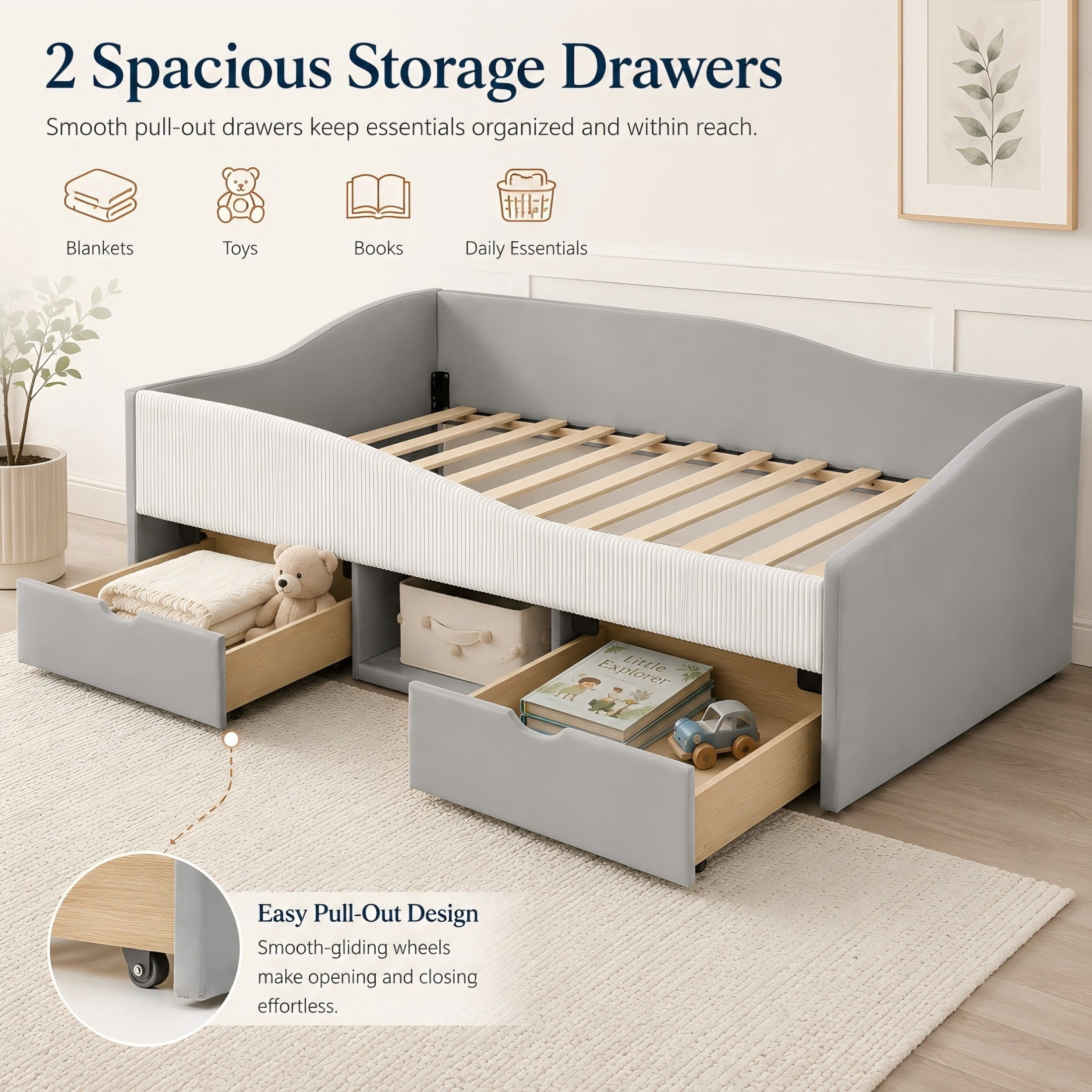 Aukfa Twin Size Upholstered Daybed with 2 Storage Drawers, Shelf and Curved Guardrails, Velvet Bed Frame, Gray