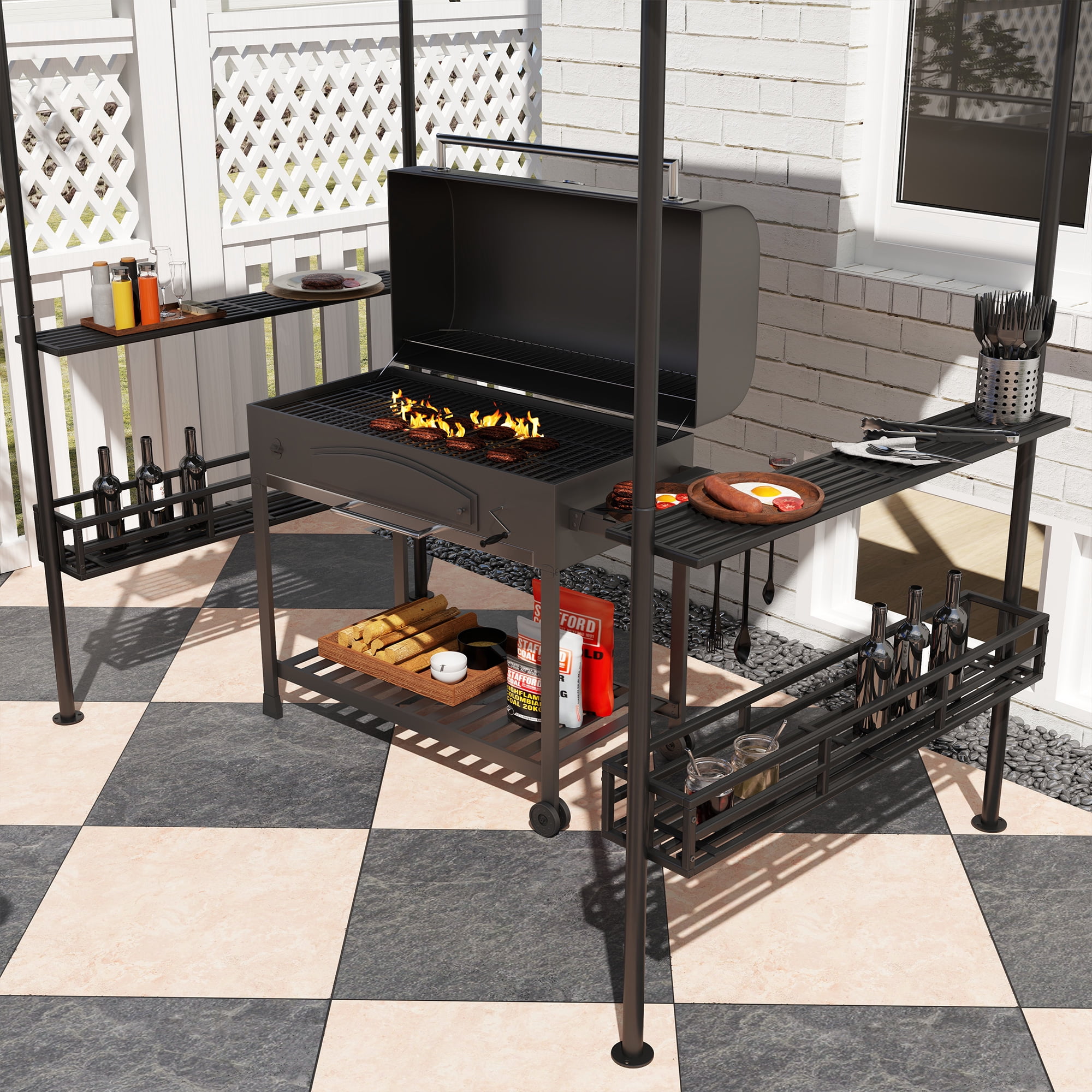 Outsunny 8' x 5' Grill Gazebo, 2-Tier Outdoor BBQ Gazebo with 2 Side Shelves, Storage Baskets and Ceiling Hook, Dark Gray