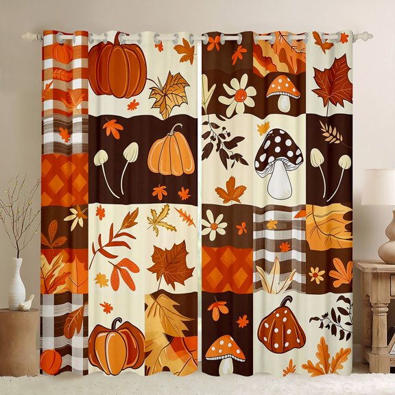 jejeloiu Cartoon Mushroom Black Out Curtains,Fall Maple Pumpkin Curtains Pack of 2 (42x63 Each),Autumn Fall Theme Bedroom Curtains For Girls,Breathable Home Decor