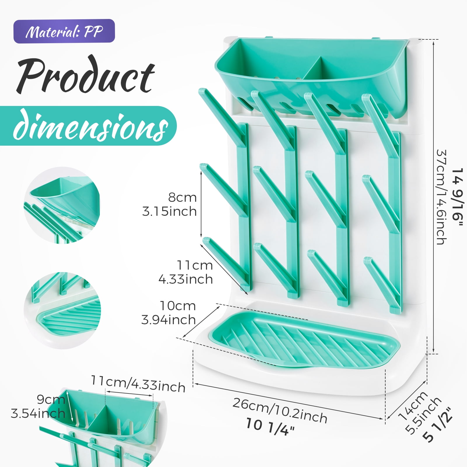 Baby Bottle Drying Rack Plastic Vertical Standing Bottle Dryer Holder with Detachable Bottom Drip Tray Space Saving for Kitchen Countertop